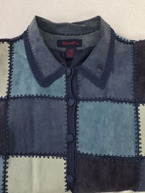 Denim & Co Genuine Leather Patchwork Jacket Blue Colorblock Button Front Large
